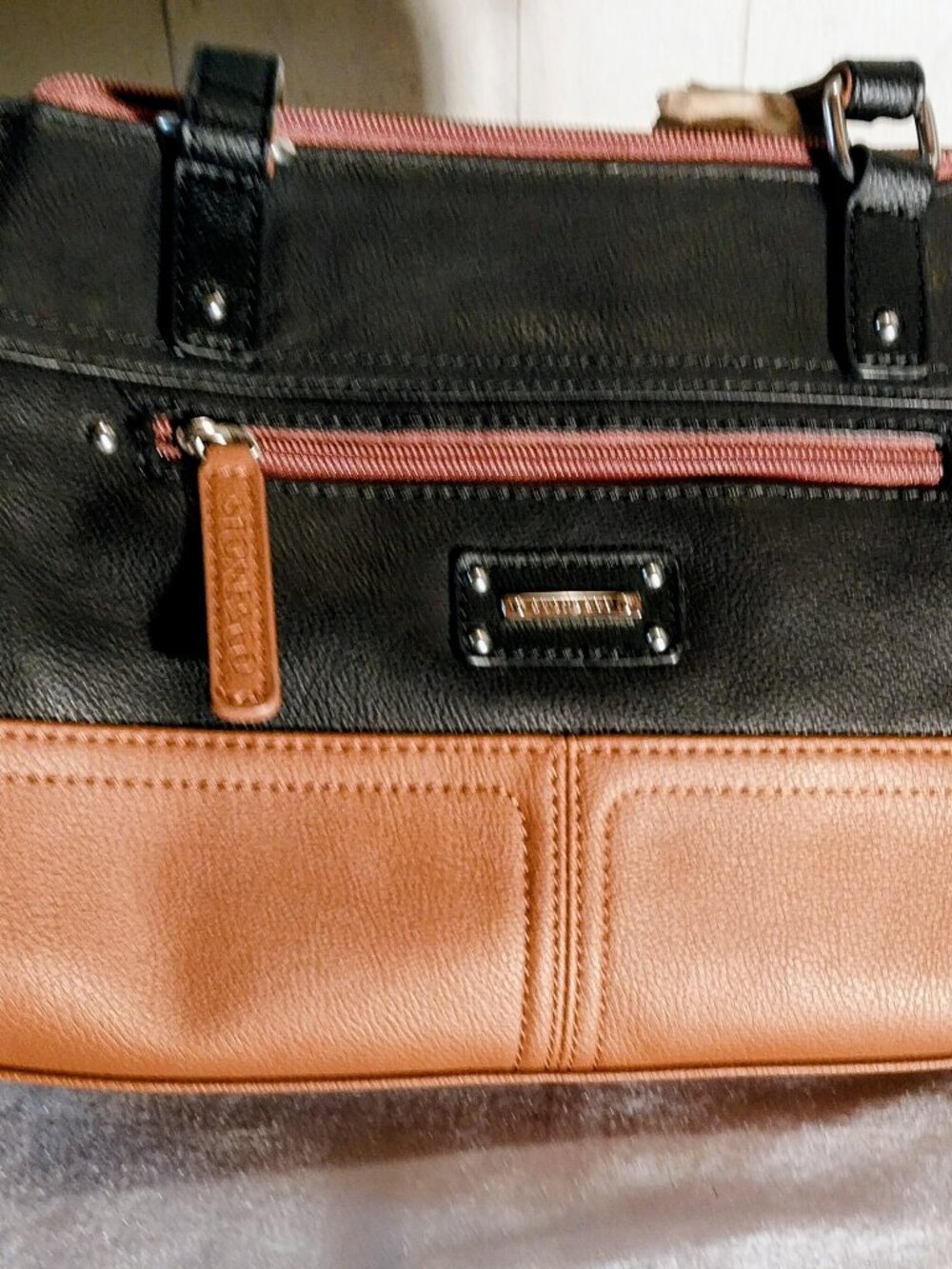 Stone & CO. Medium Size 2 Tone Black and Brown Leather Tote Shoulder Bag Purse